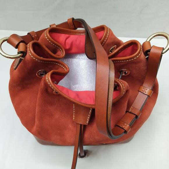 Dooney & Bourke Orange Suede Leather Trim Drawstring Shoulder Bag - Picture 8 of 15